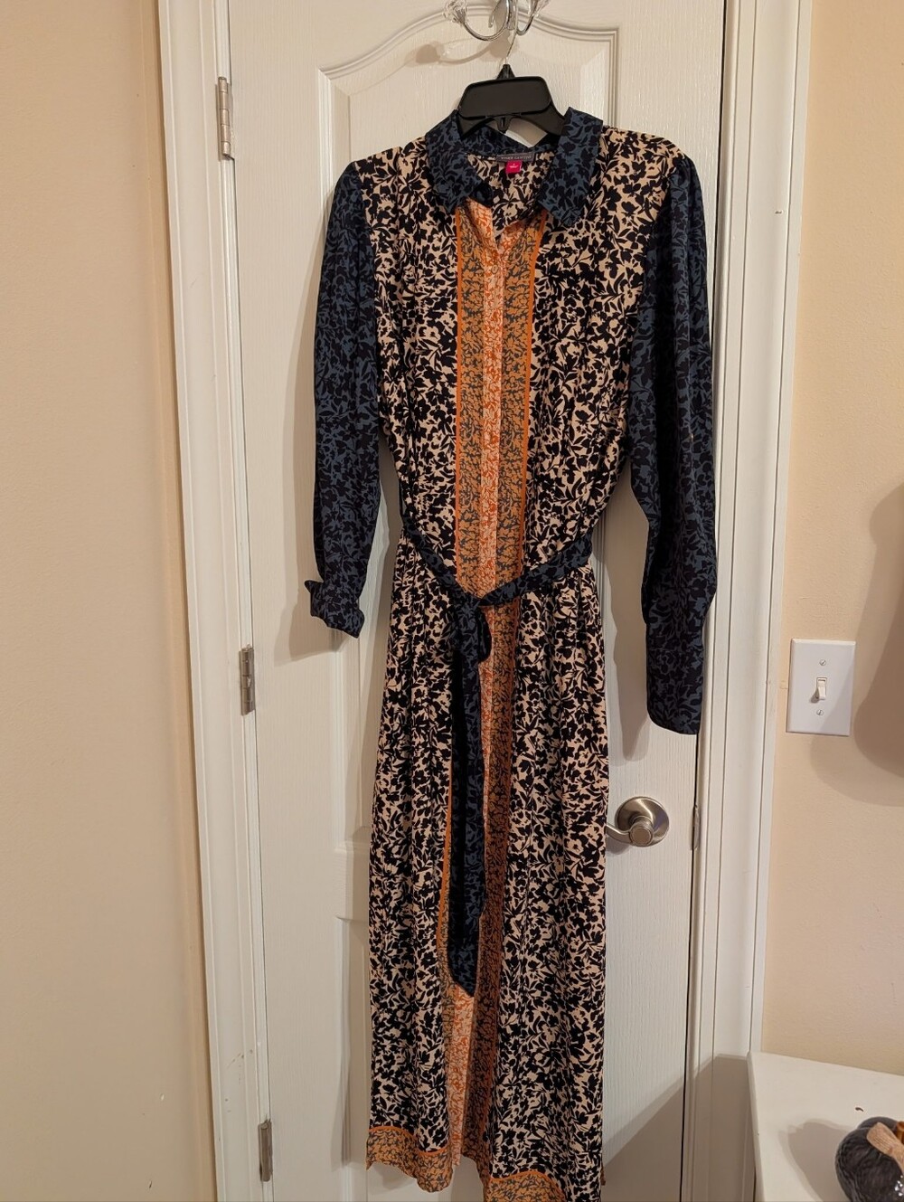 Vince Camuto Belted Shirtdress Blue Tie Front Long Sleeve Midi L